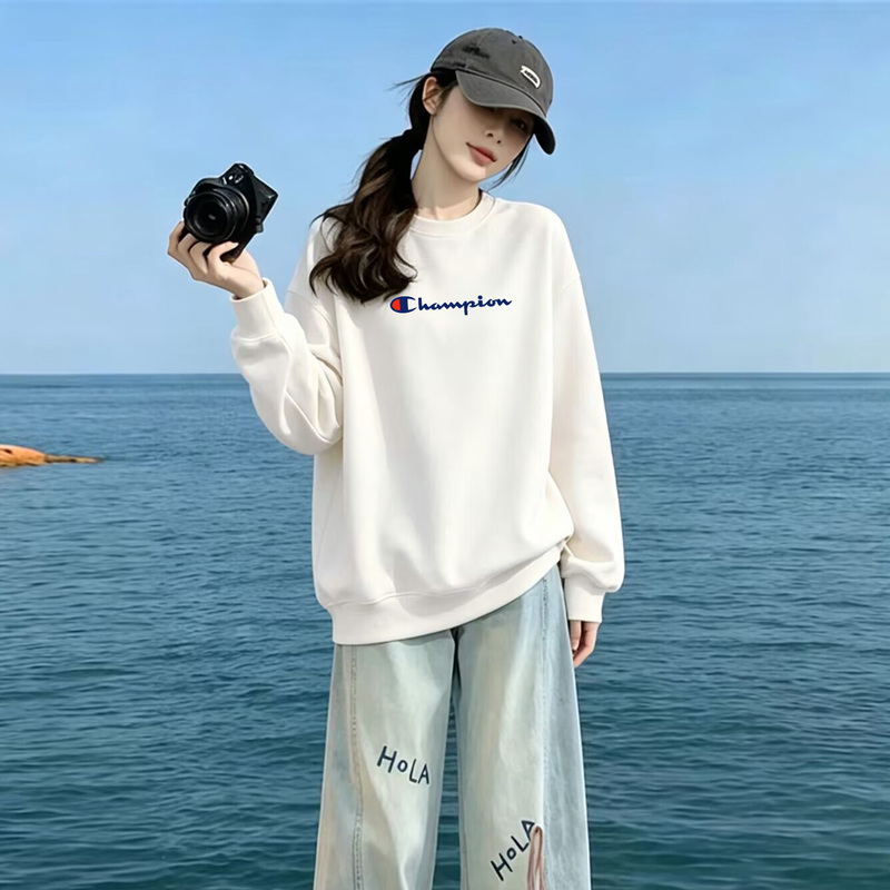 Japanese Version Champion White Sweatshirt for Women, Spring and Autumn Loose Fit, 2026 New Style, Couple's Autumn and Winter Fleece-Lined Thickened Casual Jacket
