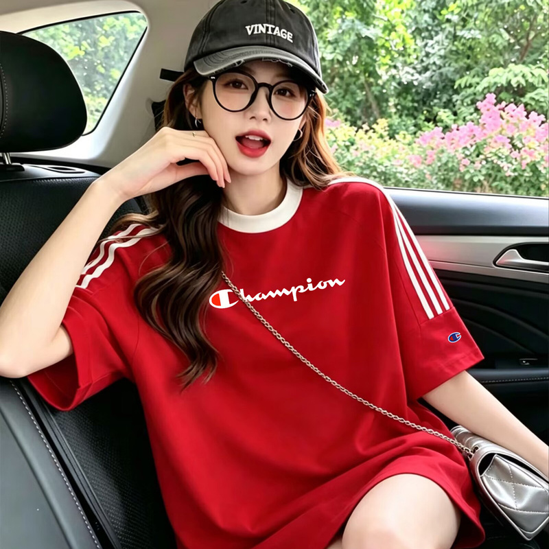 Japanese Version Champion Red Pure Cotton Short-Sleeve T-Shirt for Women 2026 New Summer Loose Fit Age-Reducing Color-Block Striped Top ins
