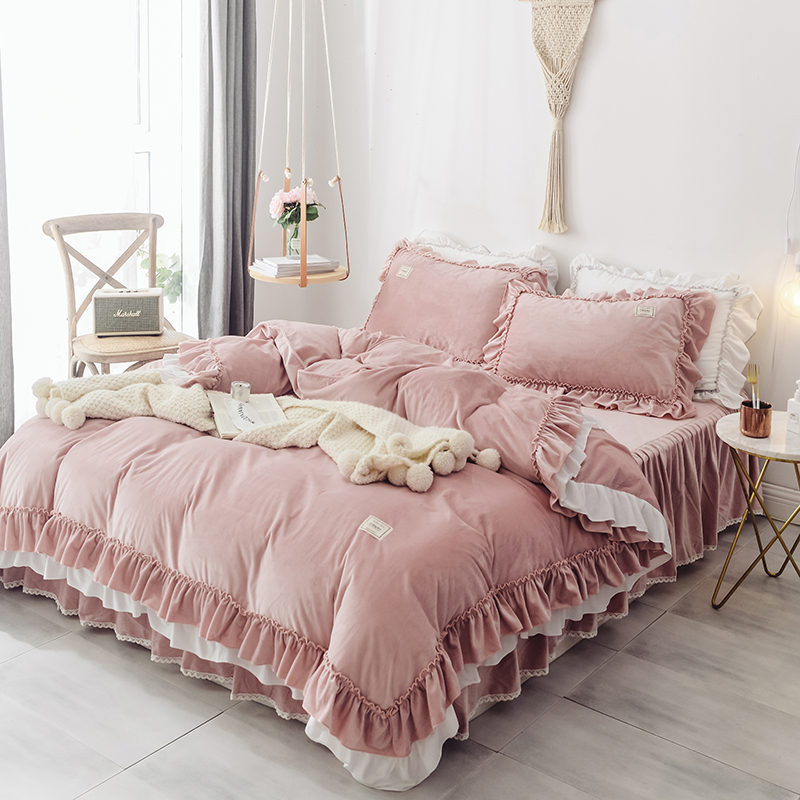 European-style thickened crystal velvet four-piece winter double-sided flannel quilt cover coral velvet plus velvet bed skirt princess style