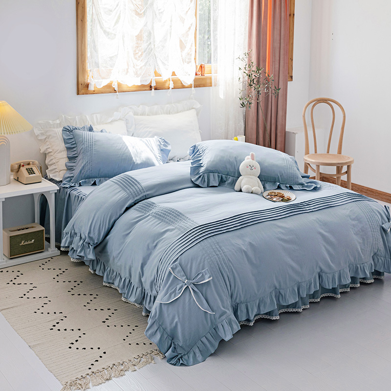 Korean-style solid color princess style cotton four-piece set simple cotton bedding bed skirt quilt cover sheet ruffles