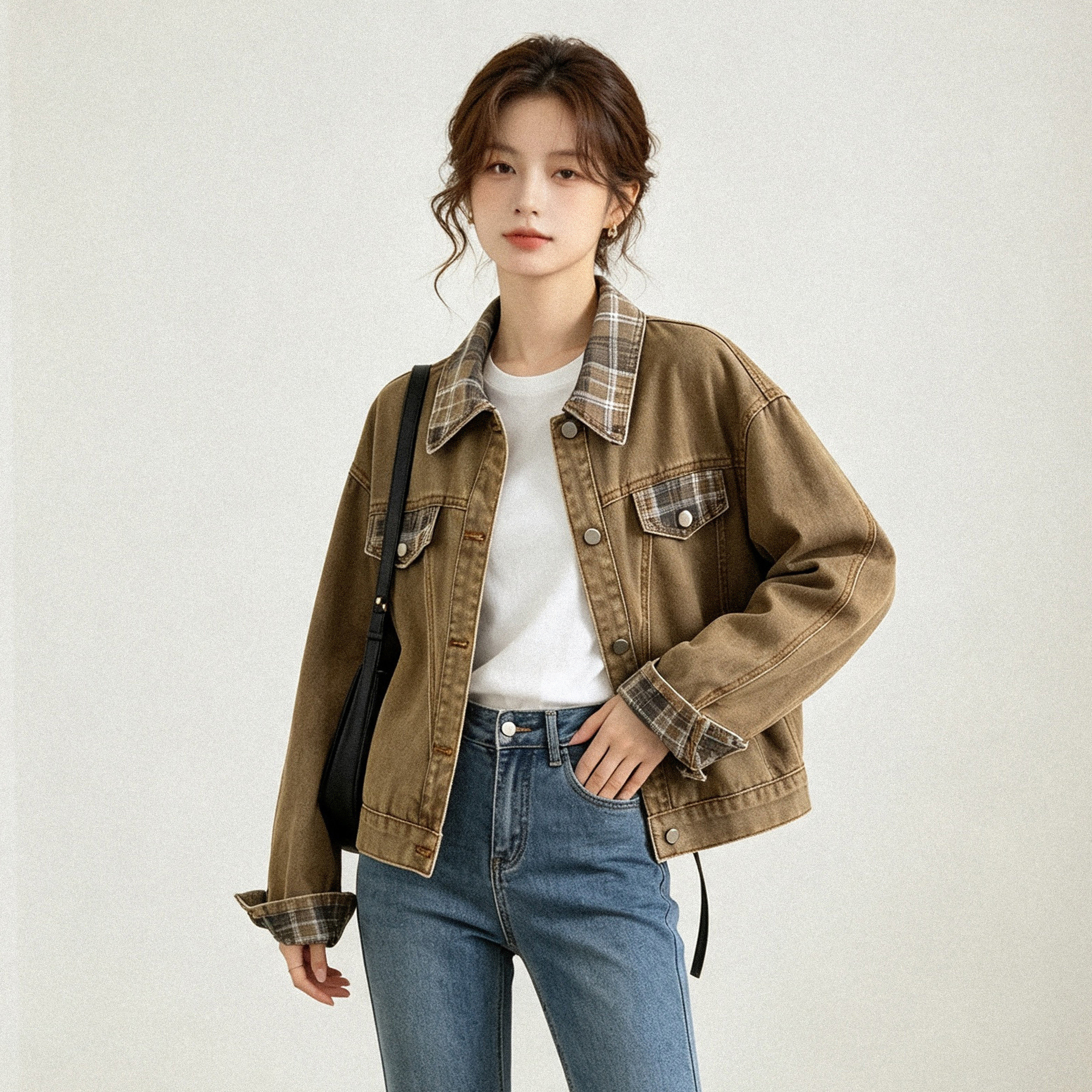 레트로 체크무늬 패치워크 데님 재킷 맨위 여성 2026 봄 가을 새로운 작은 대중 트렌드 다용도 워크웨어 재킷 상세 이미지 4
