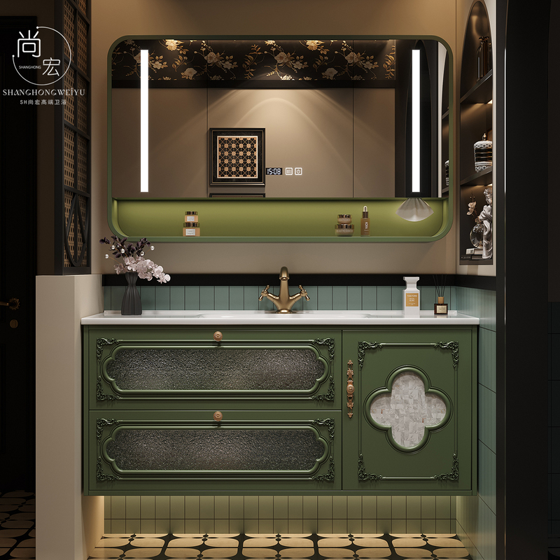 French-Style Vintage Green Oak Bathroom Cabinet Set with Ceramic Integrated Basin, Solid Wood Carved Washbasin for Bathroom