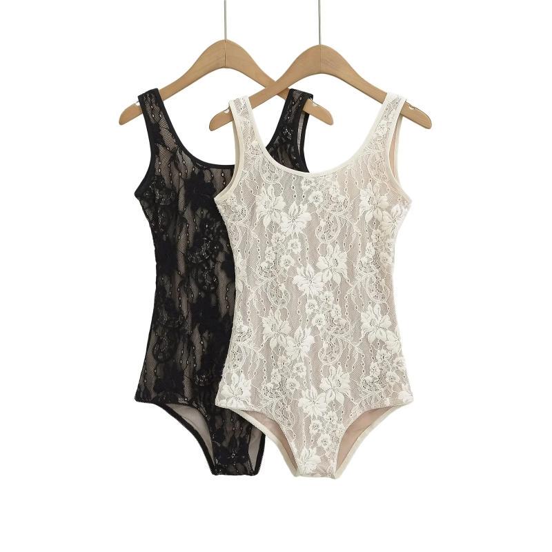 European and American Summer New Crochet Lace Patchwork Double-Layer Crotchless Women's Tank Top with Mesh Hollow-Out One-Piece Top