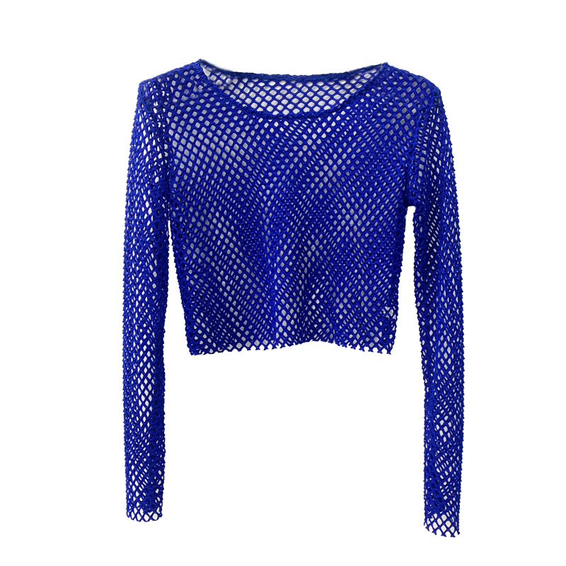 Summer New Short Style Waist-Revealing Long-Sleeve Mesh T-Shirt with Hollow Fishnet Large Holes, Breathable and Unique Punk Dance Cover-Up