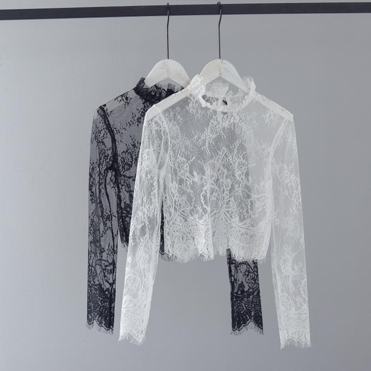 Fairy-Like and Stylish Lace Base Shirt for Women, Long-Sleeved, Suitable for Spring and Summer, High-Waisted, New Sexy Hollow-Out Mesh Versatile Top