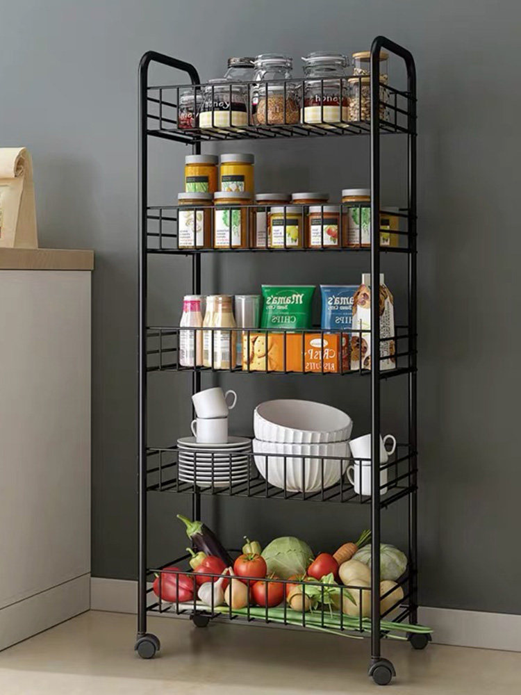Kitchen shelf Floor-to-ceiling multi-layer movable trolley Fruit and vegetable basket dishes Household storage shelf