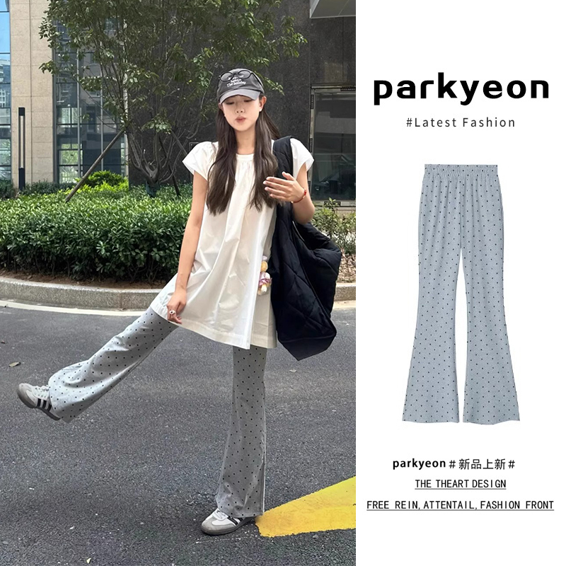 Gray Polka Dot Petite Slim-Fit Flared Casual Pants for Women, Summer Thin High-Waisted Slimming Sports Bootcut Trousers