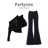 Черный короткий лонгслив, демисезонный свитер, штаны-клёш, комплект, высокая талия