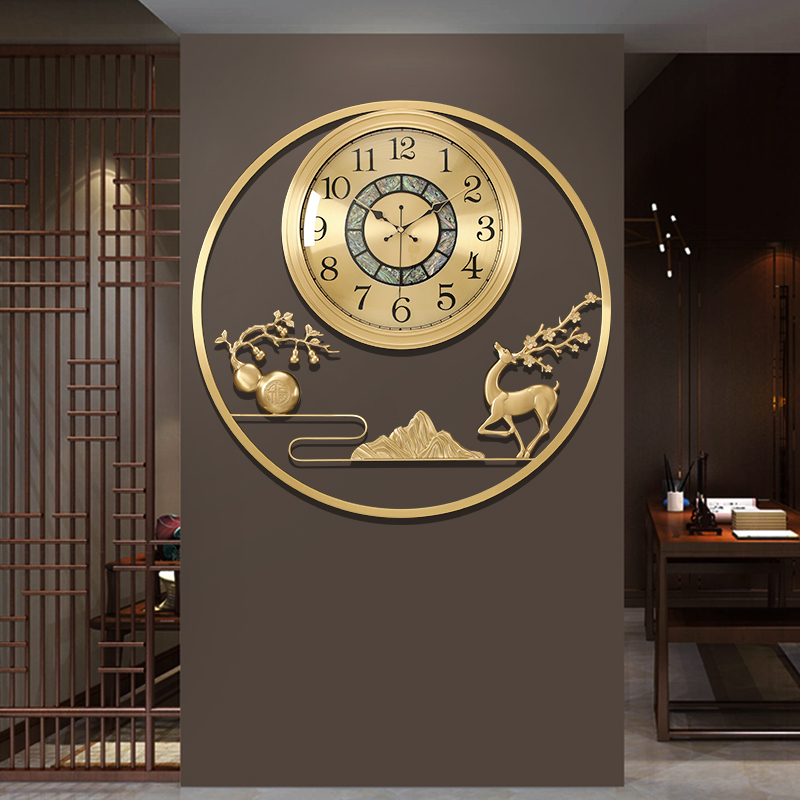 New Chinese brass deer hanging bell living room light lavish decorative round clock home Classical wall hanging table creative clock-Taobao
