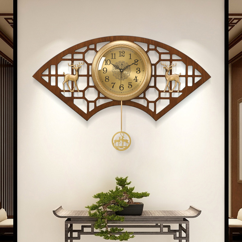 Sector New Chinese timepiece hanging clock Living room Home 2023 new light lavish brass mute table Atmospheric clock hanging wall-Taobao