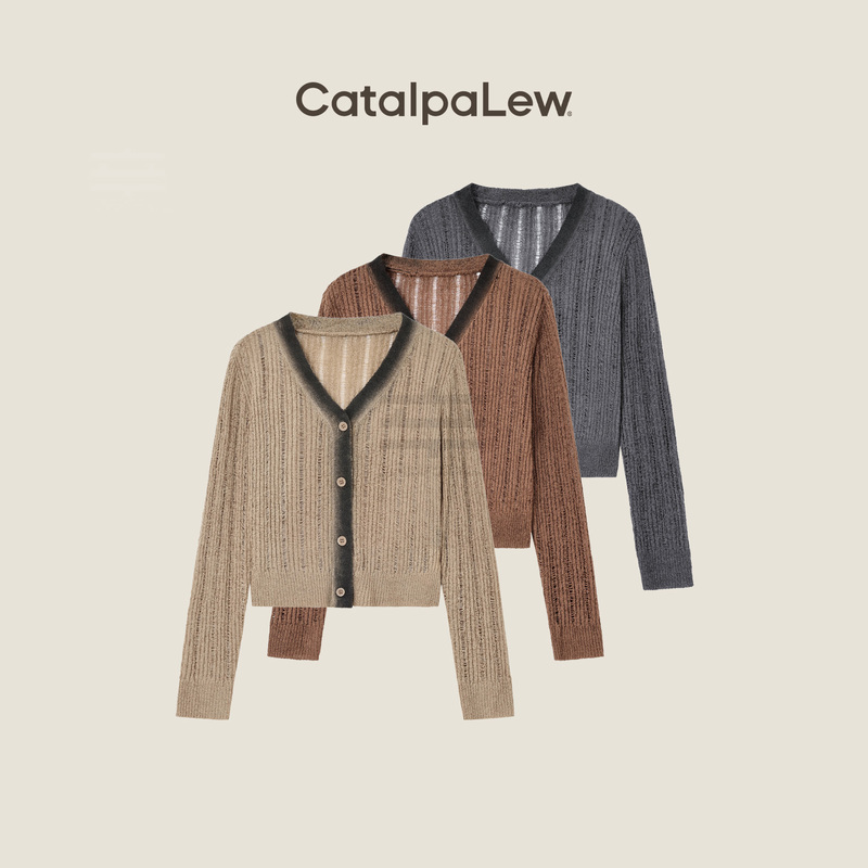 Xin Zili's "Simple Sweater: Linen-Cotton Blend with Hollow Texture V-Neck Cardigan Sweater