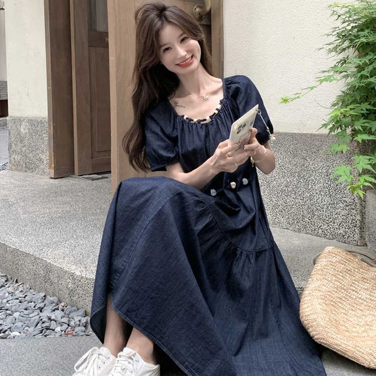 Plus Size 150kg Fat mm French Retro Denim Dress for Women, New Summer Style, Waist-Cinching, Slimming, Elegant Long Dress Plus Size 150kg Fat mm French Retro Denim Dress for Women, New Summer Style, Waist-Cinching, Slimming, Elegant Long Dress