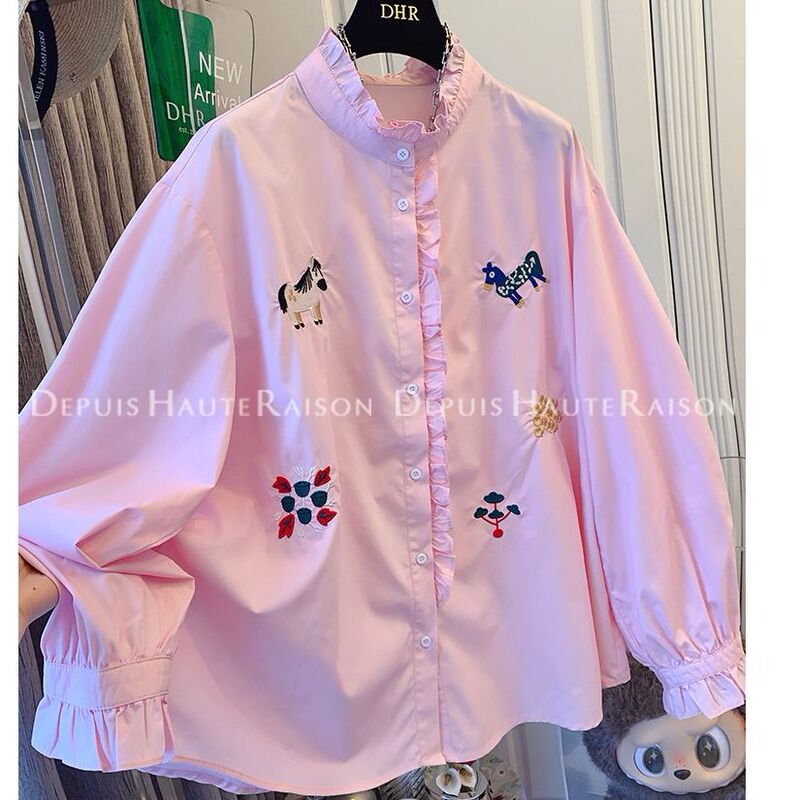 Plus Size 150kg Embroidered Pony Lace Long-Sleeve Shirt for Women, New Spring/Summer Design, Super Stylish Top