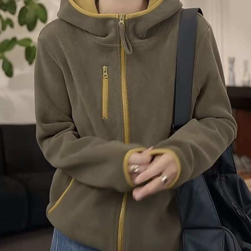 Plus Size 150kg Fashionable and Stylish Hooded Zip-Up Jacket for Women, Autumn and Winter Warm Fleece-Lined Casual Hooded Top