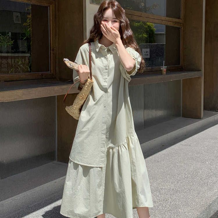 Plus Size 150kg Fat Girl's Bean Green Casual Slimming Look Preppy Style Shirt Dress for Women Summer New Style Gentle Dress