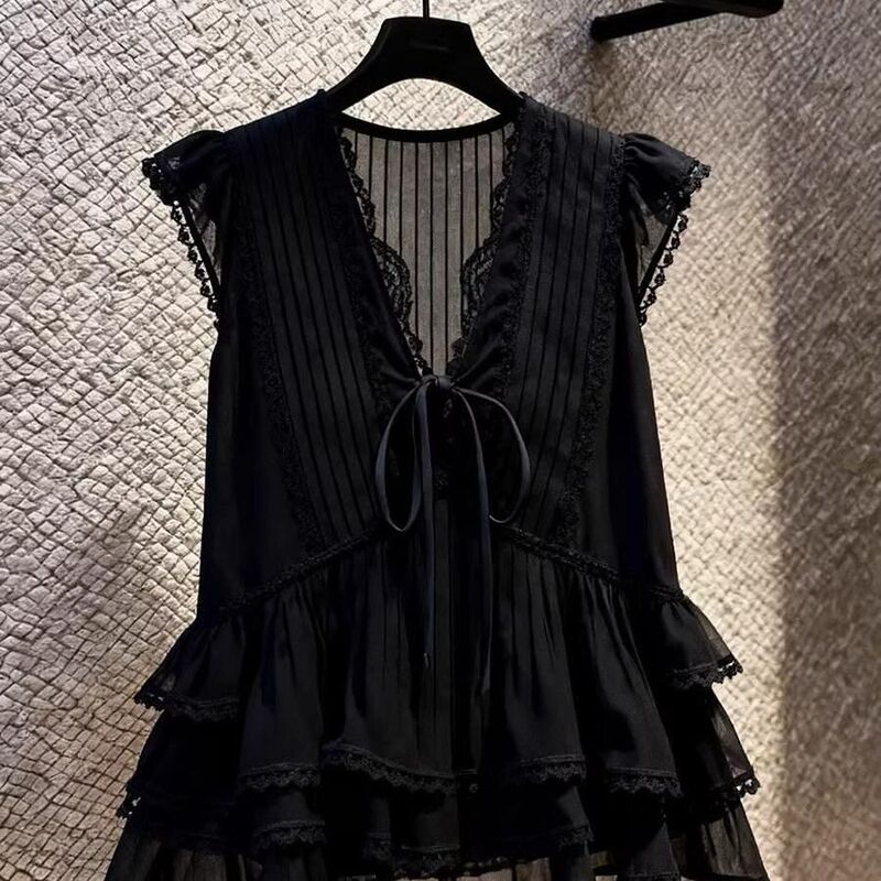 Plus Size 150kg Trendy Black V-Neck Lace Sleeveless Shirt for Women, Summer Slimming Ruffle Top Plus Size 150kg Trendy Black V-Neck Lace Sleeveless Shirt for Women, Summer Slimming Ruffle Top