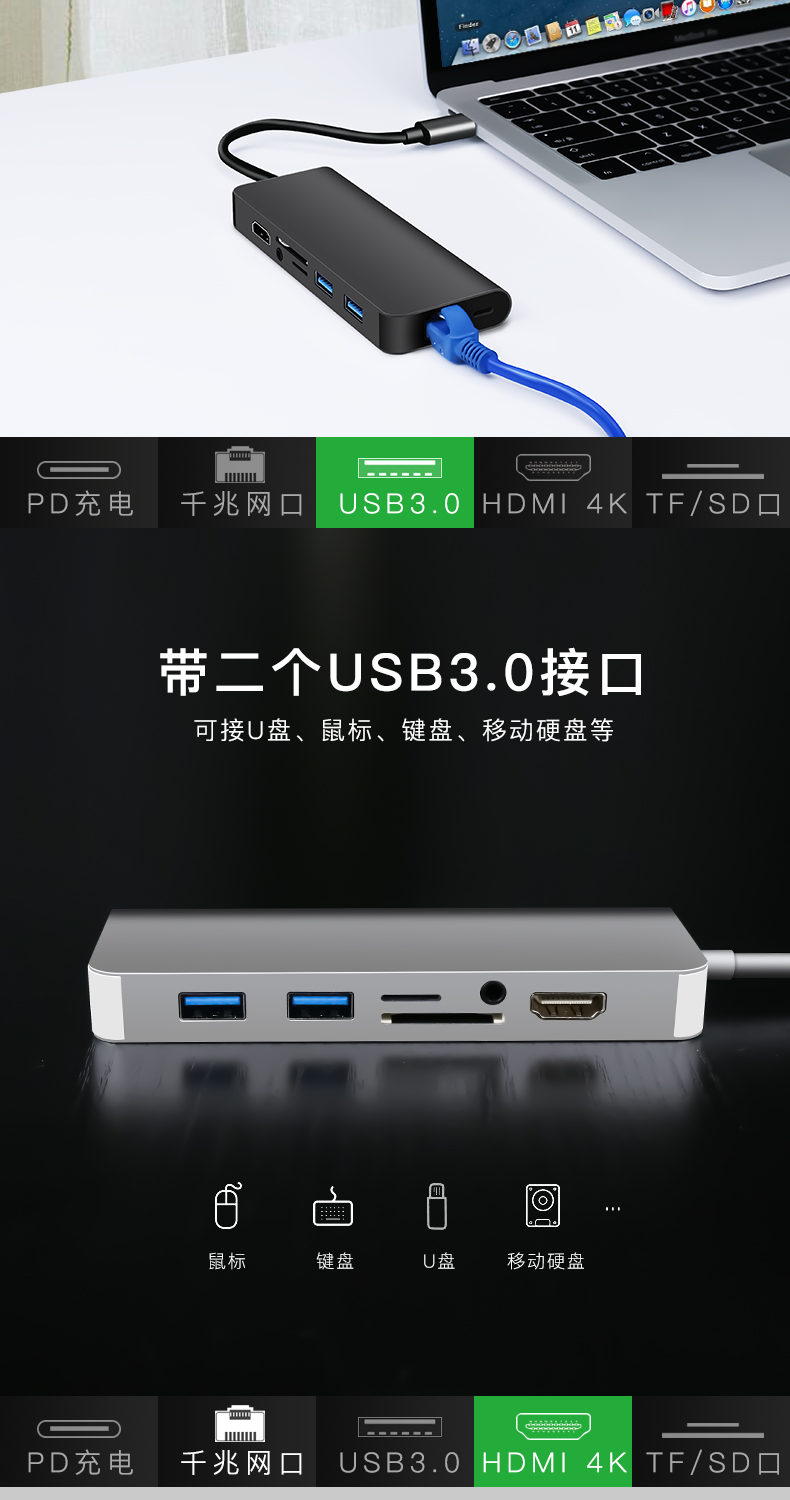 Trạm nối Type-C Bộ chuyển đổi USB mở rộng máy tính của Apple Bộ điều khiển HDMI kê Huawei Mate10 / P20 điện thoại di động VGA sét 3 Phụ kiện máy tính xách tay Lenovo