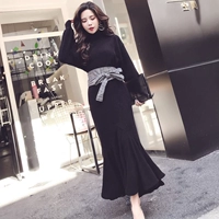 Của phụ nữ mùa thu 2018 mới nữ Hàn Quốc phiên bản của phụ nữ tính khí nửa cao cổ áo dài tay túi hip váy đuôi cá váy váy dài váy váy dạ hội