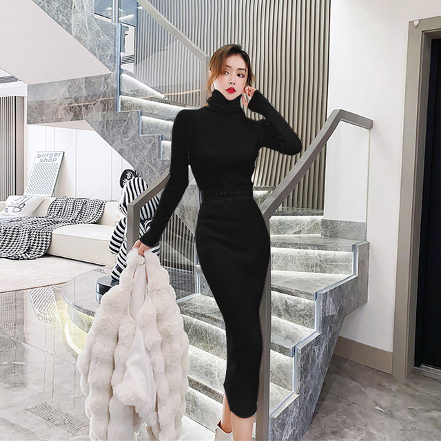 2022 autumn and winter new celebrity temperament slim bottoming skirt mid-length knitted high-necked dress women's clothing