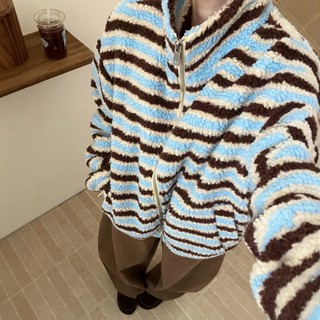 此外 条纹撞色羊羔毛外套女2025冬季新款加厚保暖毛毛棉服上衣潮