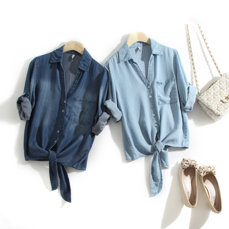 Summer Ultra-Thin Soft Drapey V-Neck Tencel Denim Shirt for Women, Short Lace-Up Knotted Top, Slimming Shirt