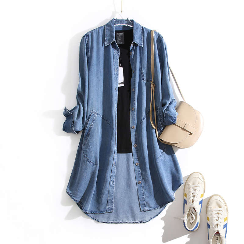 European Anti-Wrinkle Drapey Tencel Denim Shirt for Women, Spring and Autumn Thin Long Loose Plus-Size Shirt Dress, Jacket, Trench Coat