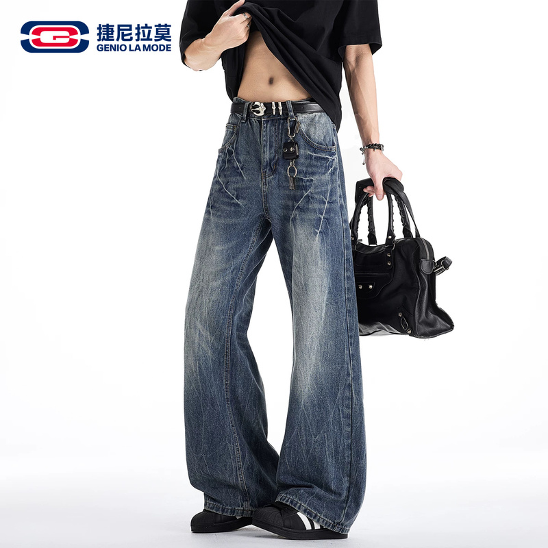 Geniolamode Washed Retro Lightning Pattern Wide-Leg Jeans Men's New Autumn American Style Flared Trousers