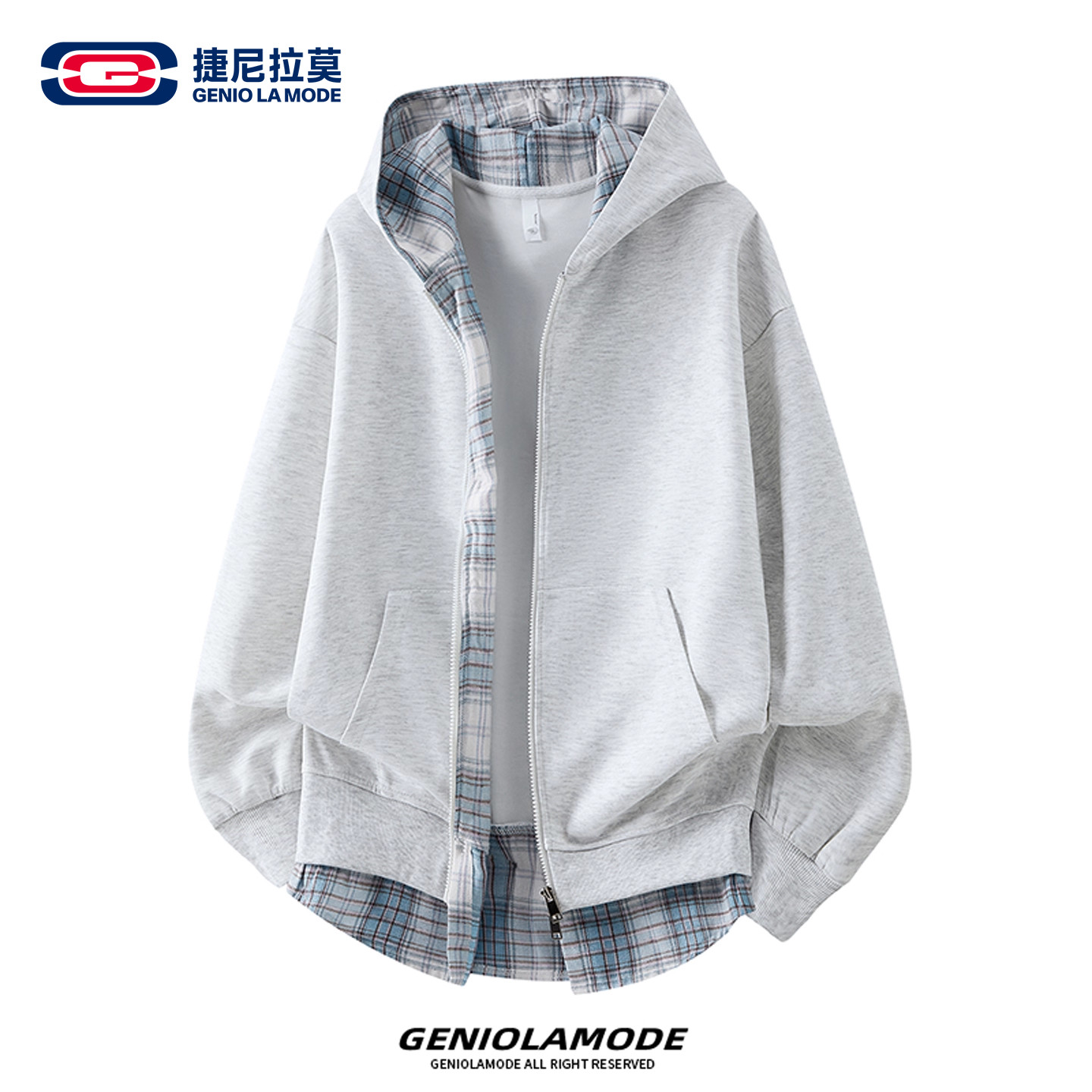 GENIOLAMODE假两件格子廓形卫衣男女春季cleanfit连帽潮牌外套