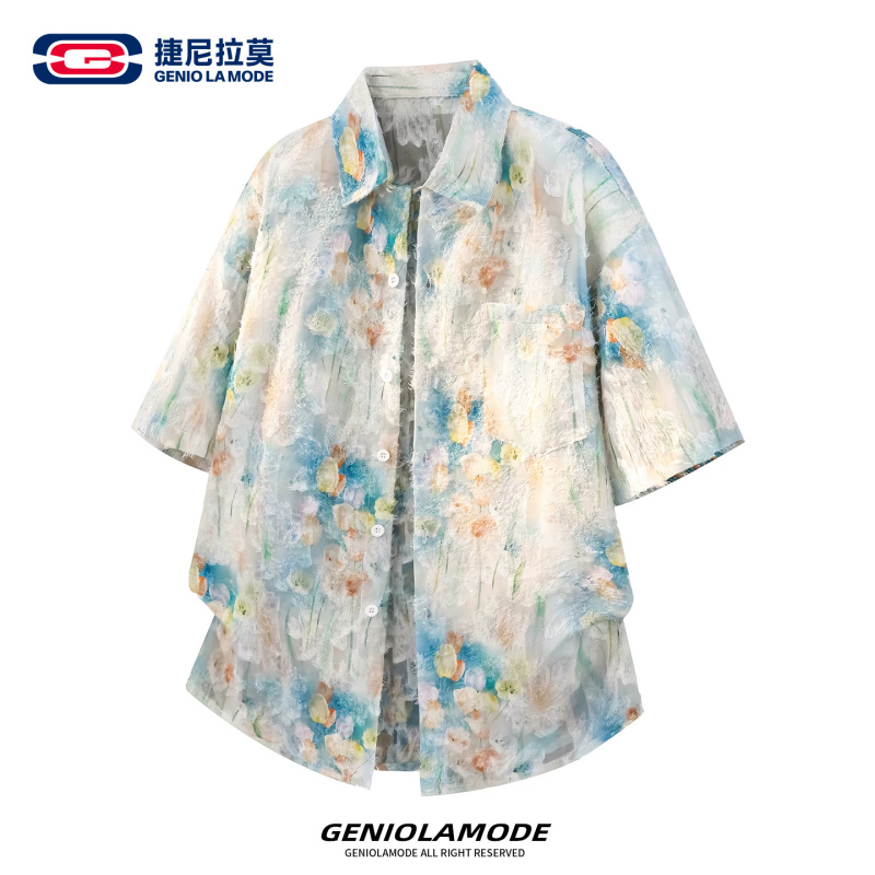 Geniolamode Floral Jacquard Tassel Lapel Short-Sleeved Shirt Summer Trendy American High Street T-Shirt Men's Loose Fit Geniolamode Floral Jacquard Tassel Lapel Short-Sleeved Shirt Summer Trendy American High Street T-Shirt Men's Loose Fit