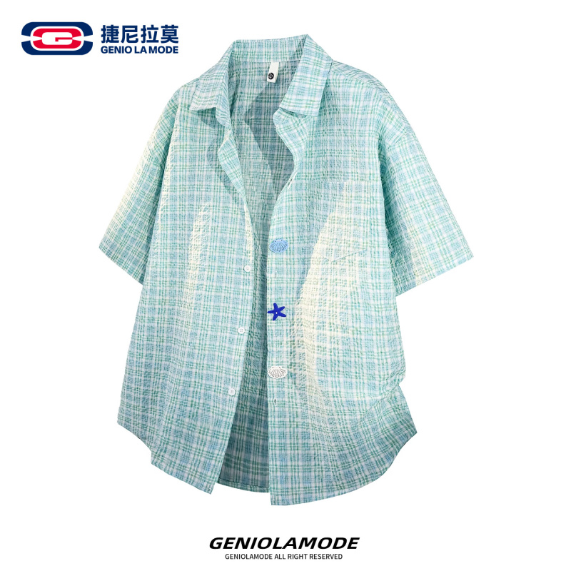Geniolamode Sea Salt Blue Dopamine Lapel Short-Sleeved Shirt Men's Summer New Fun Button T-Shirt Casual