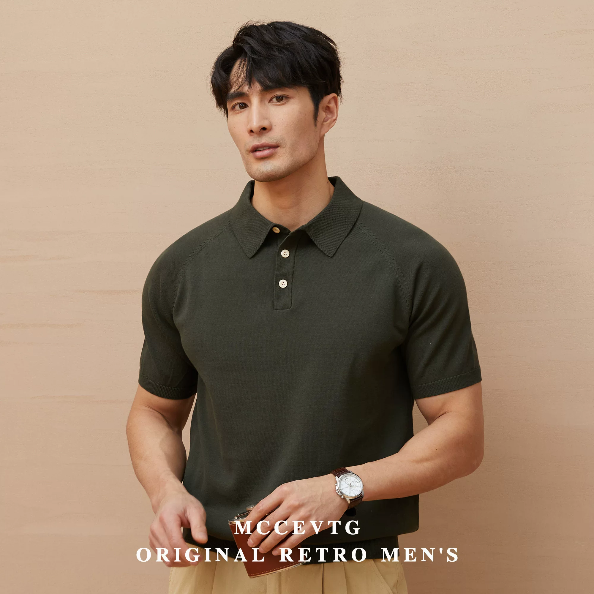 MCCEVTG Knitted polo, retro summer T-shirt, American style, with short sleeve
