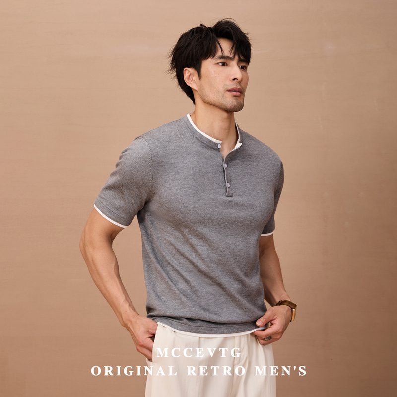 Mccevtg Italian Old Money Style Fake Two-Piece Vintage Henry Collar Knitted Short-Sleeve T-Shirt American Solid Color Casual Spring and Summer Mccevtg Italian Old Money Style Fake Two-Piece Vintage Henry Collar Knitted Short-Sleeve T-Shirt American Solid Color Casual Spring and Summer