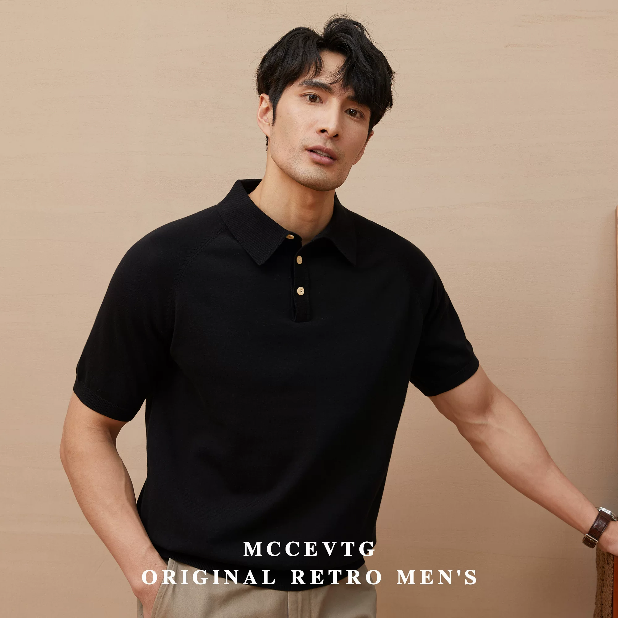 MCCEVTG Knitted polo, retro summer T-shirt, American style, with short sleeve