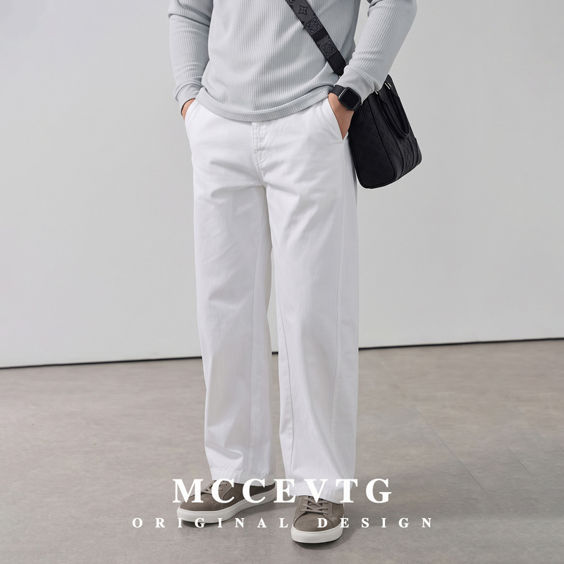 Mccevtg American-Style Pure Cotton Twill Men's Casual Pants Straight-Leg Commuter Simple White Wear-Resistant Scimitar Pants for All Seasons