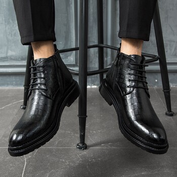 High top leather shoes men's business formal black mid-top leather boots