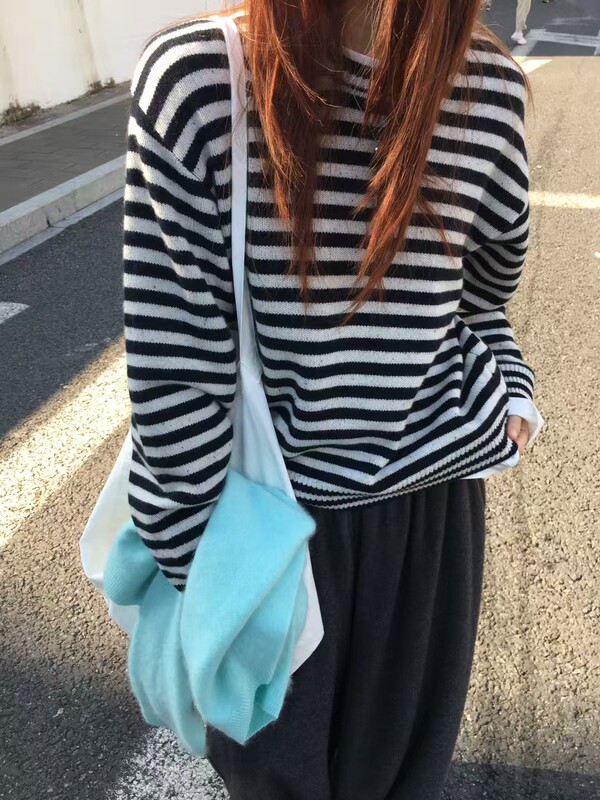 Pushin Korean Style Versatile Classic Striped Knit Sweater Loose Round Neck Pullover All-Wool Relaxed Top Pushin Korean Style Versatile Classic Striped Knit Sweater Loose Round Neck Pullover All-Wool Relaxed Top