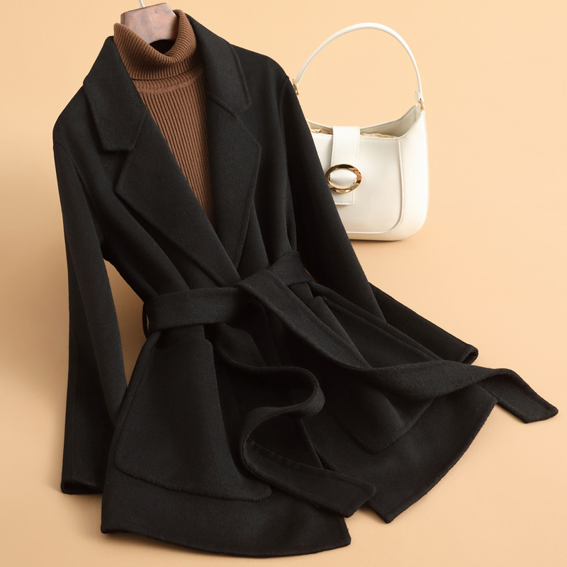 Autumn and Winter Hepburn Style Double-Sided Cashmere Coat for Women, Mid-Length, Belted, Black Wool, Petite, Woolen, Slim-Fit Jacket Autumn and Winter Hepburn Style Double-Sided Cashmere Coat for Women, Mid-Length, Belted, Black Wool, Petite, Woolen, Slim-Fit Jacket