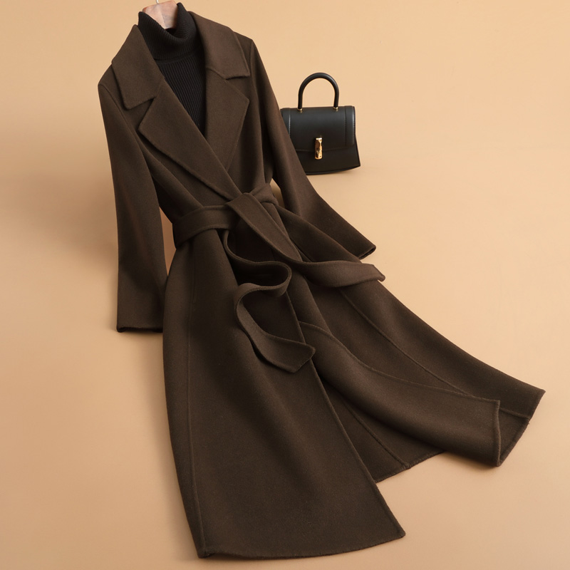 2025年秋冬ハンドメイドウールコートミドル丈オーバーニーハイエンドダブルフェイスカシミアコートレディースレースアップ付き