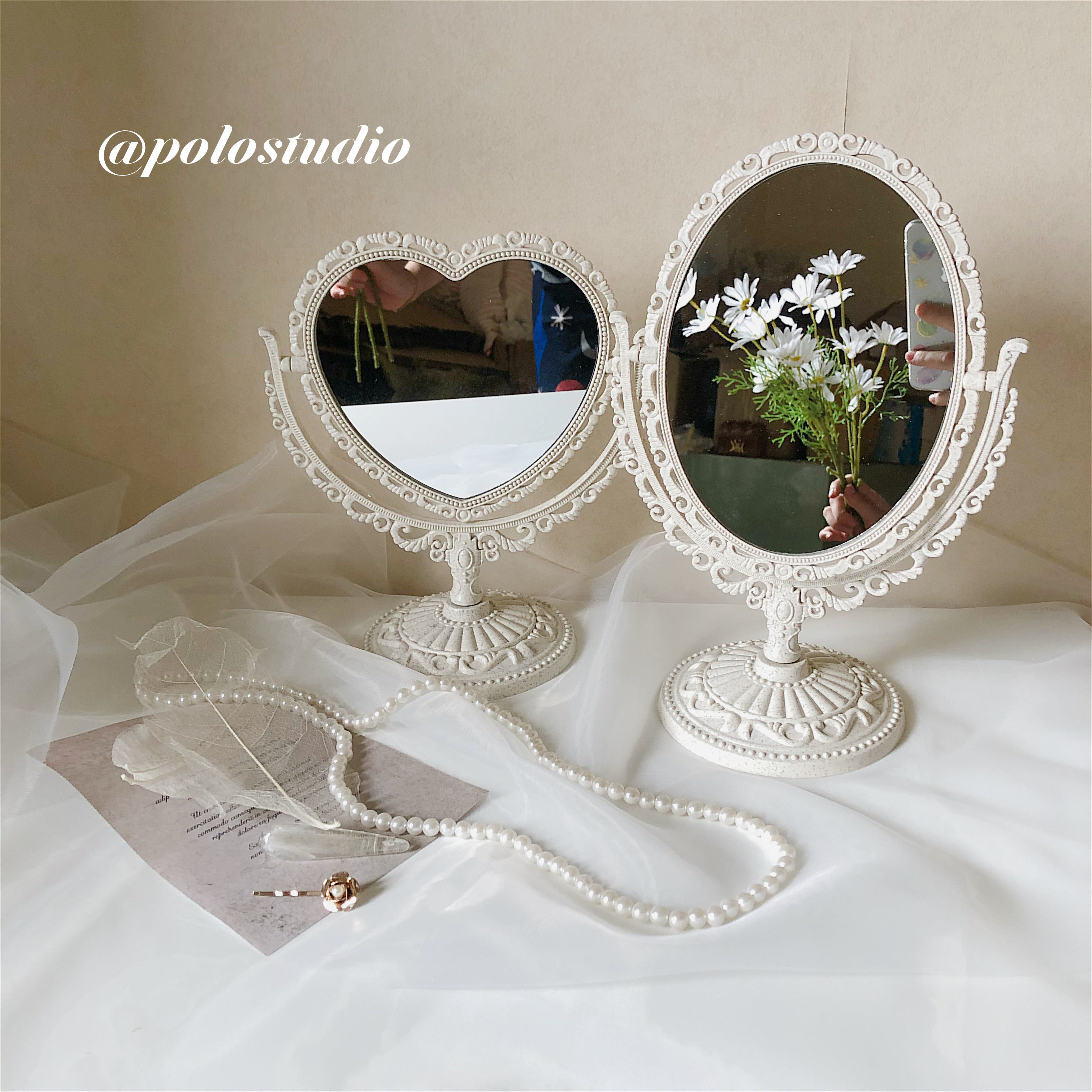 ins wind girl heart European retro relief double-sided oval love mirror cafe bedroom dressing table mirror
