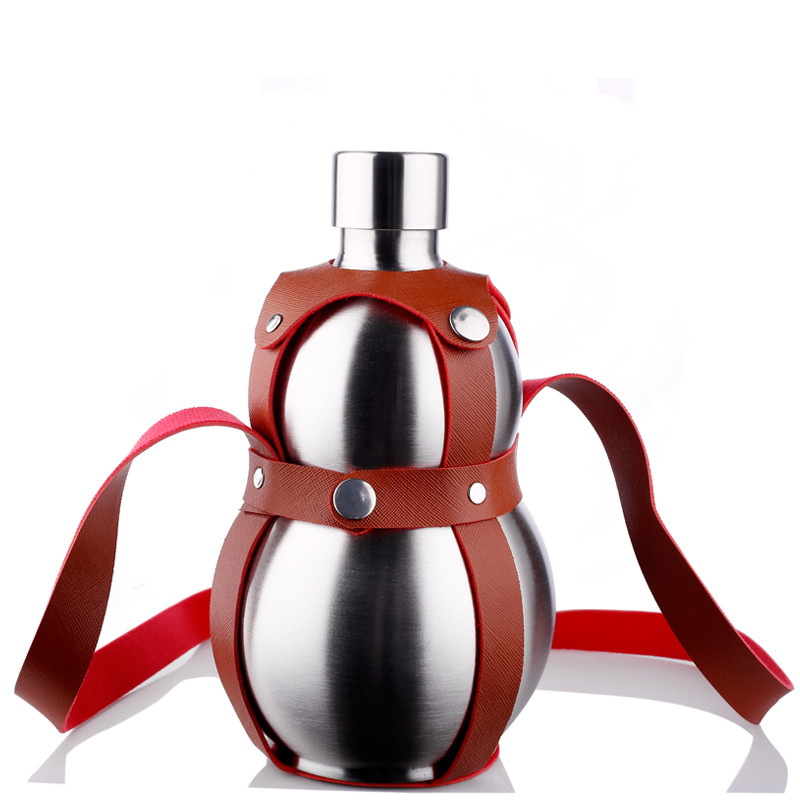 304 stainless steel gourd wine jug Outdoor portable wine gourd kettle with leather case Thick stainless steel jug