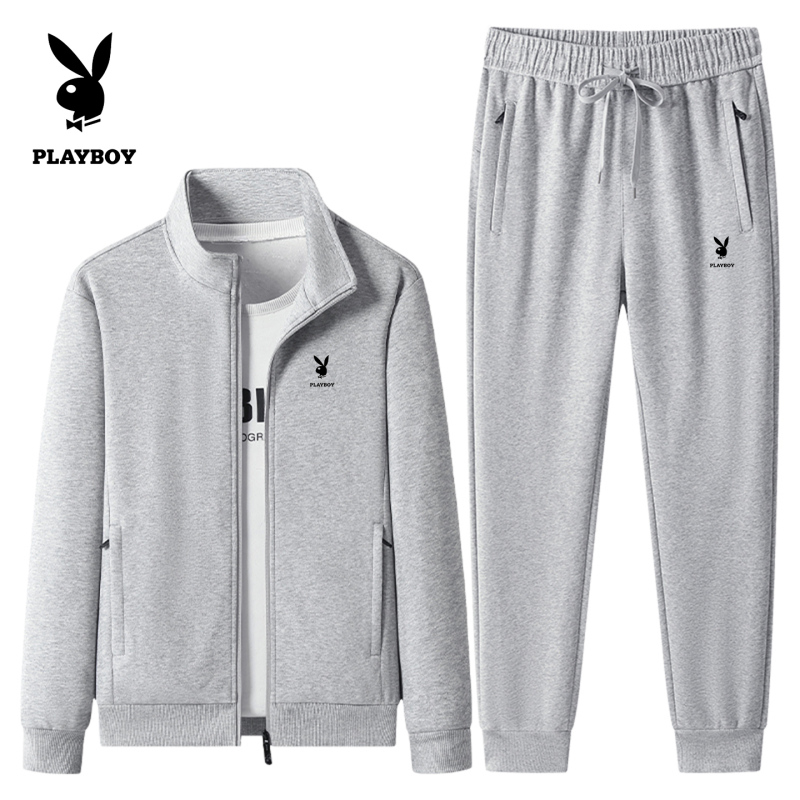 Playboy Pure Cotton Sports Suit Men's Spring and Autumn Stand-Up Collar Cardigan Casual Two-Piece Set Loose Trousers Long-Sleeved Sweatshirt Playboy Pure Cotton Sports Suit Men's Spring and Autumn Stand-Up Collar Cardigan Casual Two-Piece Set Loose Trousers Long-Sleeved Sweatshirt