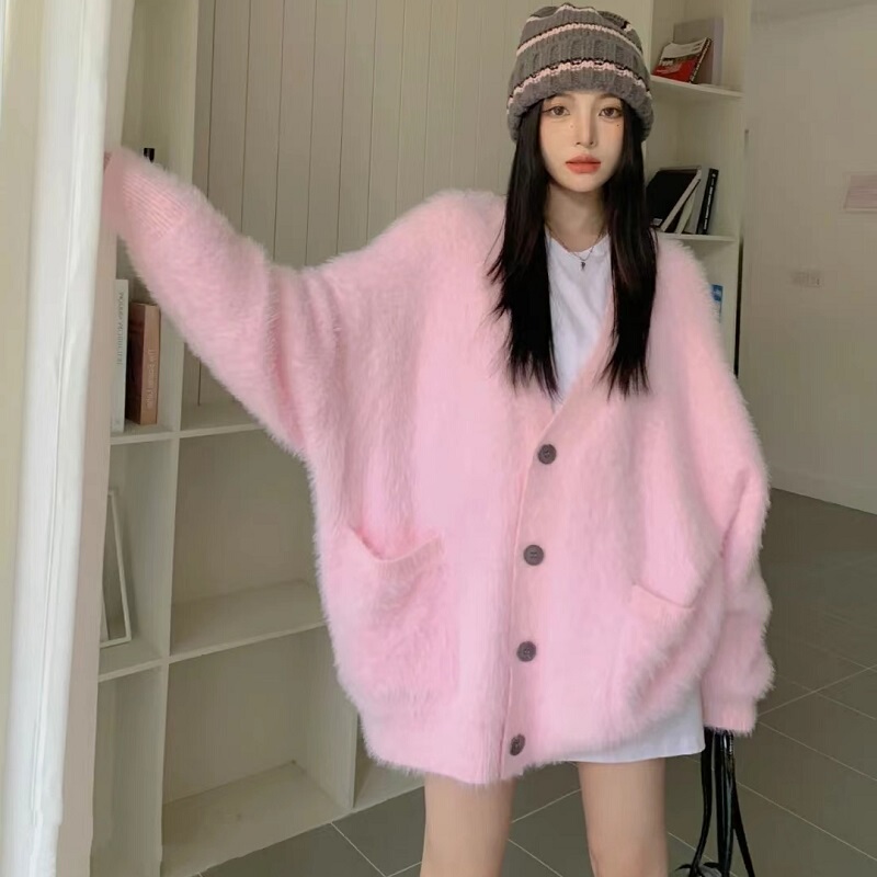 Pink Soft Sweater Jacket for Women in Autumn and Winter, Gentle and Lazy Style, Loose Mid-Length Mohair Knitted Cardigan