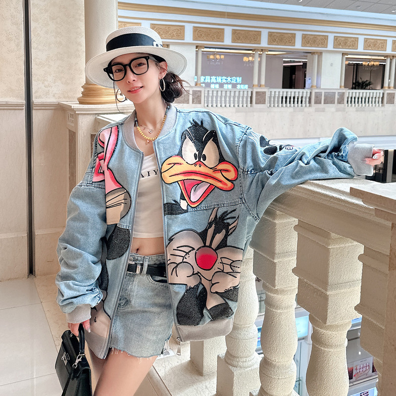 European Style Oversized Denim Jacket for Women, New Spring Hip-Hop Top, Fashionable and Trendy, Age-Reducing, Retro Cartoon Jacket