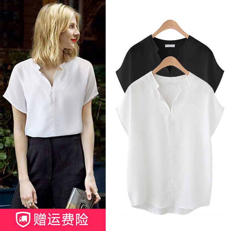 White snow shirt shirt female summer sleeve large size fat MM 220 pound weight plus loose V - neck shirt