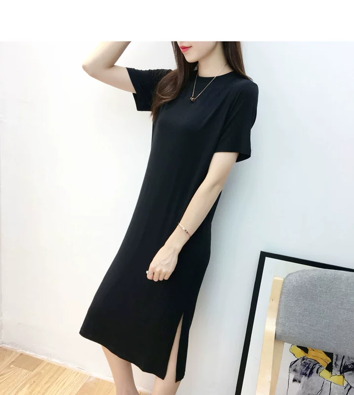 Váy ngắn tay hàn quốc nữ modal thẳng thắn trong chiếc váy dài chấm bi khí chất mỏng chia đôi váy dài hè - Sản phẩm HOT shop váy đẹp
