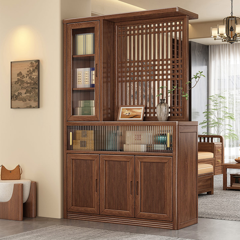 New Chinese-Style Solid Wood Screen Entrance Cabinet, Black Walnut Wood Entryway Living Room Partition Cabinet, Storage Integrated Wall-Mounted Hall Cabinet