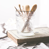 Vintage style glass makeup brush storage bucket ins pen holder Embossed Phnom Penh French chic desktop table girl heart