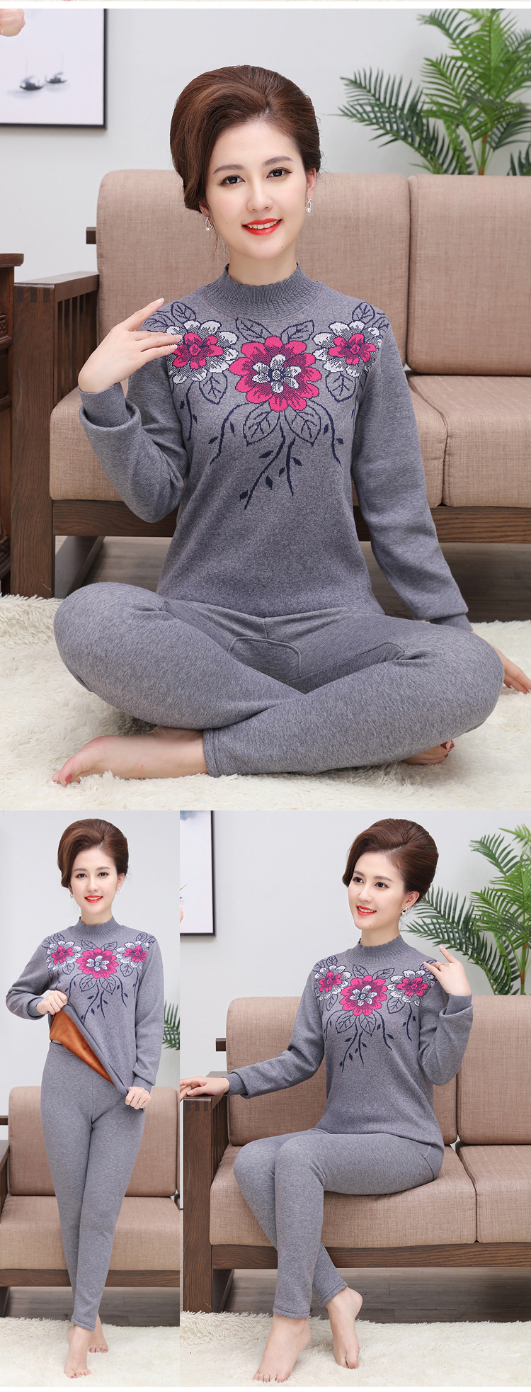 Phụ nữ trung niên và cao tuổi đồ lót ấm phụ nữ dày cộng với nhung nam phù hợp với mùa đông XL cha mẹ mùa thu quần áo mùa đông dày phù hợp bộ cotton nữ học sinh