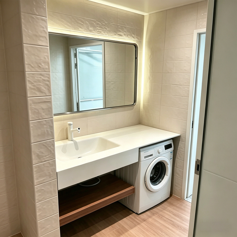 Bathroom Integrated Washing Machine Cabinet with Washbasin, Rock Slab Curved Countertop, Wash Basin, Bathroom Vanity Bathroom Integrated Washing Machine Cabinet with Washbasin, Rock Slab Curved Countertop, Wash Basin, Bathroom Vanity