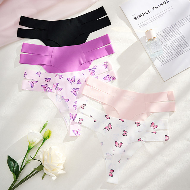 Sexy Butterfly Print Low Waist Seamless Large Size Thong